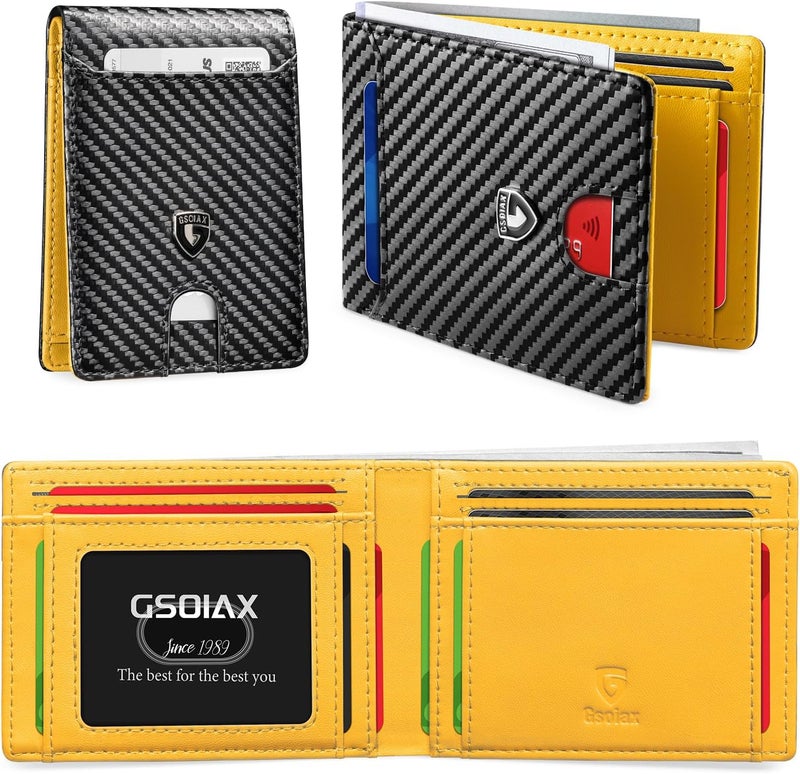 GSOIAX Slim Wallet for Men RFID Blocking Bifold Wallet Carbon Fiber Front Pocket Wallet with 11 Card Holder Minimalist Mens Wallet with Gift Box(Carbon Yellow) - Image 1